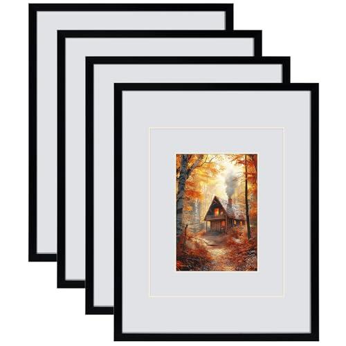 Serwrsw 11x14 Black Picture Frame with Double White Mat 4 Pack, 11 by 14 Family Wedding Frame Fits 3 Photo Sizes, with Mat for 5x7 or 8x10, without Mat for 11x14, Display on Tabletop or Wall