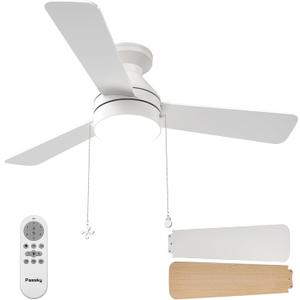 Passky Ceiling Fans with Lights, 42 inch Low Profile Ceiling Fan with Pull Chain and Remote Control, Flush Mount, Reversible, 5CCT, Dimmable, Noiseless, White Pull Cord Ceiling Fan for Bedroom