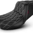One-Piece Driver and Passenger Seat with Diamond Pattern Stitching Fit for Harley Touring Road King 1997-2007 Street Glide 2006-2007 (White Stitching)