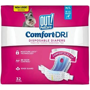 OUT! Petcare Disposable Dog Diapers, Female Dog Diapers, Incontinence Protection for Dogs, Heat Cycle Protection, Puppy Training Solution, 18”-25” Waist, Medium/Large, 32 Count OUT! Petcare Disposable Dog Diapers, Female Dog Diapers, Incontinence Protection for Dogs, Heat Cycle Protection, Puppy Training Solution, 18”-25” Waist, Medium/Large, 32 Count