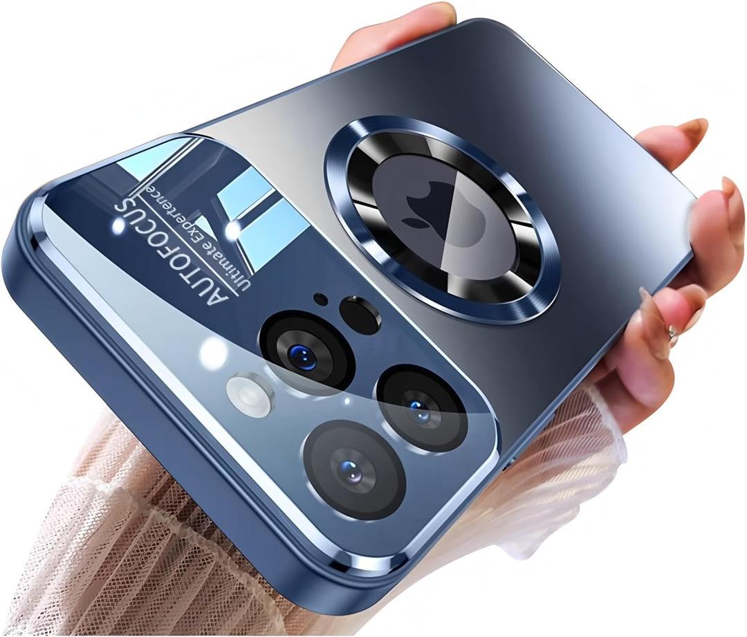 Magnetic Series Design for iPhone 15 Pro Max Case,[Compatible with MagSafe][Military Drop&Full Camera Lens Protector] Large Window Logo View Dust-Proof Matte Shockproof Cover,Blue