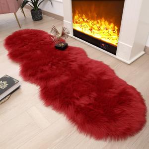 Faux Fur Rug 2 x 6 ft Red Shaggy Sheepskin Machine Washable Fuzzy Area Rug Super Soft Fluffy Plush Carpet for Bedroom Living Room Floor Nursery Kids Room Runner Bedside Rug