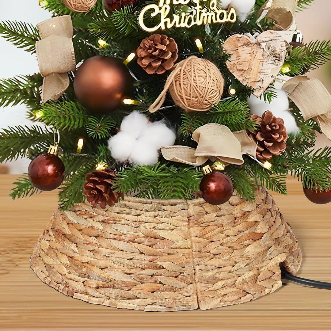 Mini 13.5 Inch Christmas Tree Collar, Woven Hyacinth Handmade 4-Piece Christmas Tree Collar with Prefabricated Opening, Suitable for Stairwells, Office Xmas Tree Base Decoration for Small Spaces (Natural)