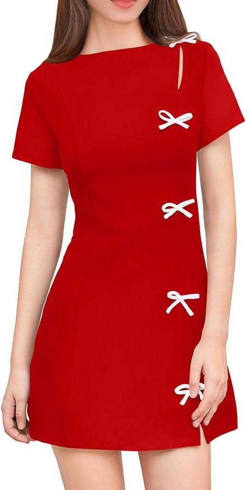 XXTAXN Women's Summer Boat Neck Short Sleeve Elegant Y2k A Line Mini Dress (XL, Red)