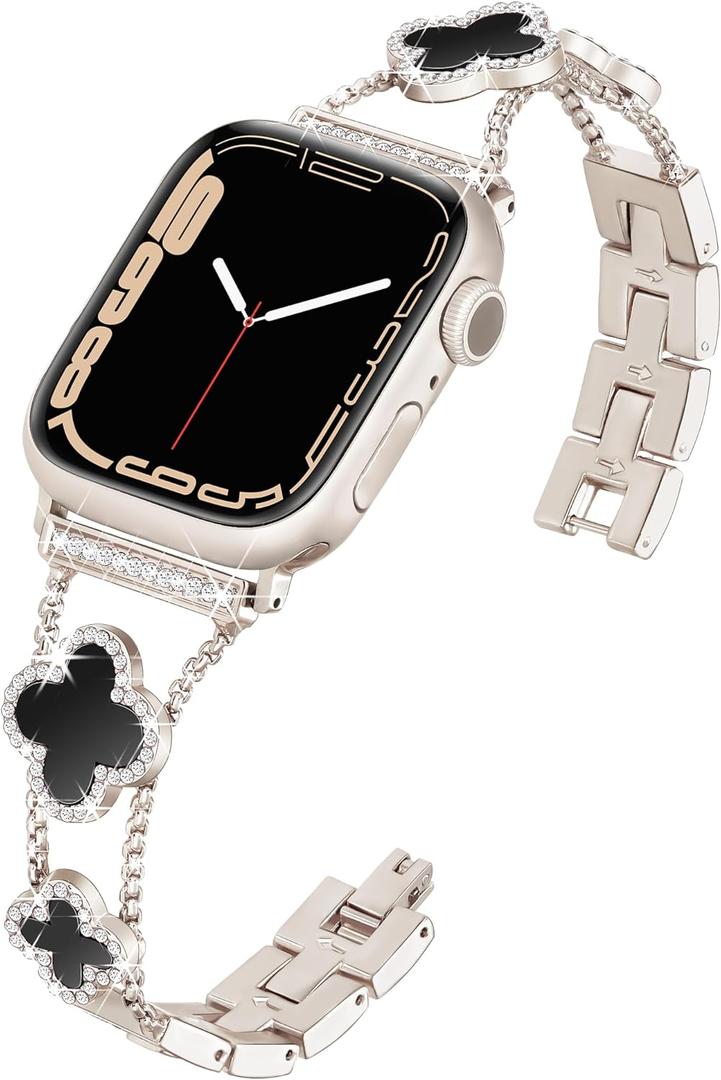 wipalor Four-leaf Clover Band Fit Apple Watch Bands for Women 42mm 41mm 40mm 38mm, Thin iWatch Bands for Women, Metal Bling Cute Bands for Apple Watch Series 11 10 9 SE 8 7 6 5 4 3-Starlight/Black