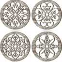 Yulejo 4 Pcs Thicken Rustic Wall Decor Farmhouse Kitchen Wall Round Art Wooden Hollow Carved Design Rustic Art for Living Room Bedroom Hallway Decor (15.7 x 15.7 Inch,Retro White)