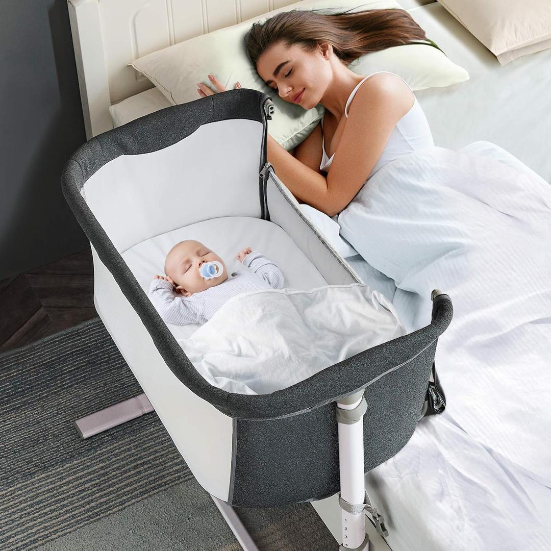 RONBEI Baby Bassinet Bedside Sleeper, Easy to Assemble Bassinets for Baby/Infants, Height Adjustable Bedside Bassinet for Newborn Baby (Dark Grey)