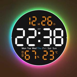 10 Inch Large Digital Wall Clock with 9 Color Changing,Orange | with 9 Color Changing Remote Control, Date Week Temperature, Auto Brightness Dimmer Big Clock Night Lights