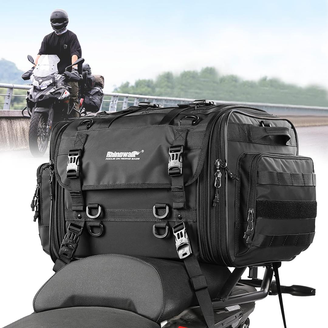 Rhinowalk Motorcycle Tail Bag Expandable Motorcycle Travel Luggage 60L Waterproof All Weather/Trunk/Rack Bag with Sissy Bar Straps-Black