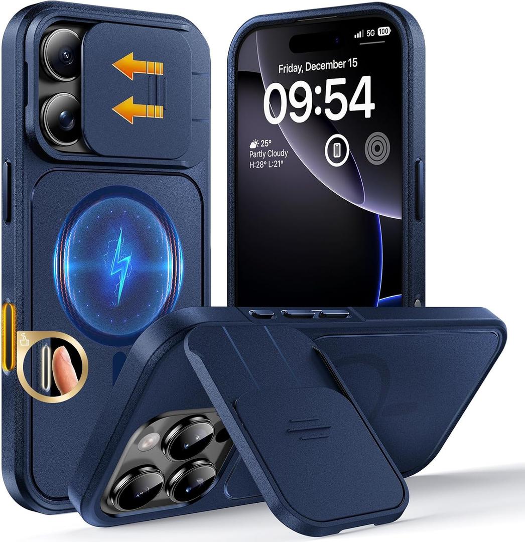 TOCOL for iPhone 16 Pro Case with Slide Camera Cover, Kickstand and Camera Control Button, Fit for MagSafe, Rugged Solid Phone Case, Non-Slip, Drop Protection, Blue