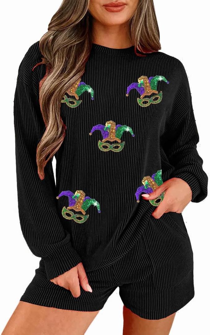 Womens Ribbed Pajama Sets Long Sleeve Top and Shorts Matching Lounge Set Loungewear Sweatsuit with Pockets (Black, L)