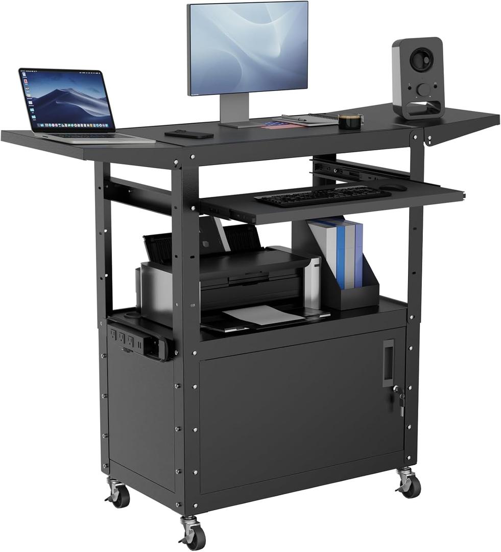 Mobile AV Cart with Drop Leaves & Adjustable Height, Rolling Computer Cart with Pullout Keyboard Tray – Locking Cabinet, 3 Outlets&2 USB Ports, Lock Brake Casters, Utility Cart for Office/Classroom