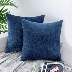 HWY 50 Soft Chenille Throw Pillow Covers 18x18 Inch Pack of 2 Solid Navy Blue, Cozy Decorative Texture Cushion Cases for Couch Sofa Living Room Bed