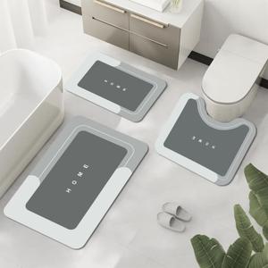 3Pcs Bathroom Rugs Set, Modern Non-Slip Shower Mats, Grey