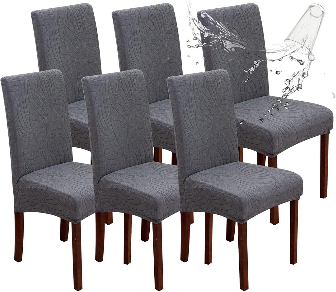 Genina Waterproof Chair Covers for Dining Room, Stretch Jacquard Dining Chair Slipcovers Removable Washable Chair Protector for Kitchen, Hotel, Restaurant (Leaves-Dark Gray, 6 PCS)