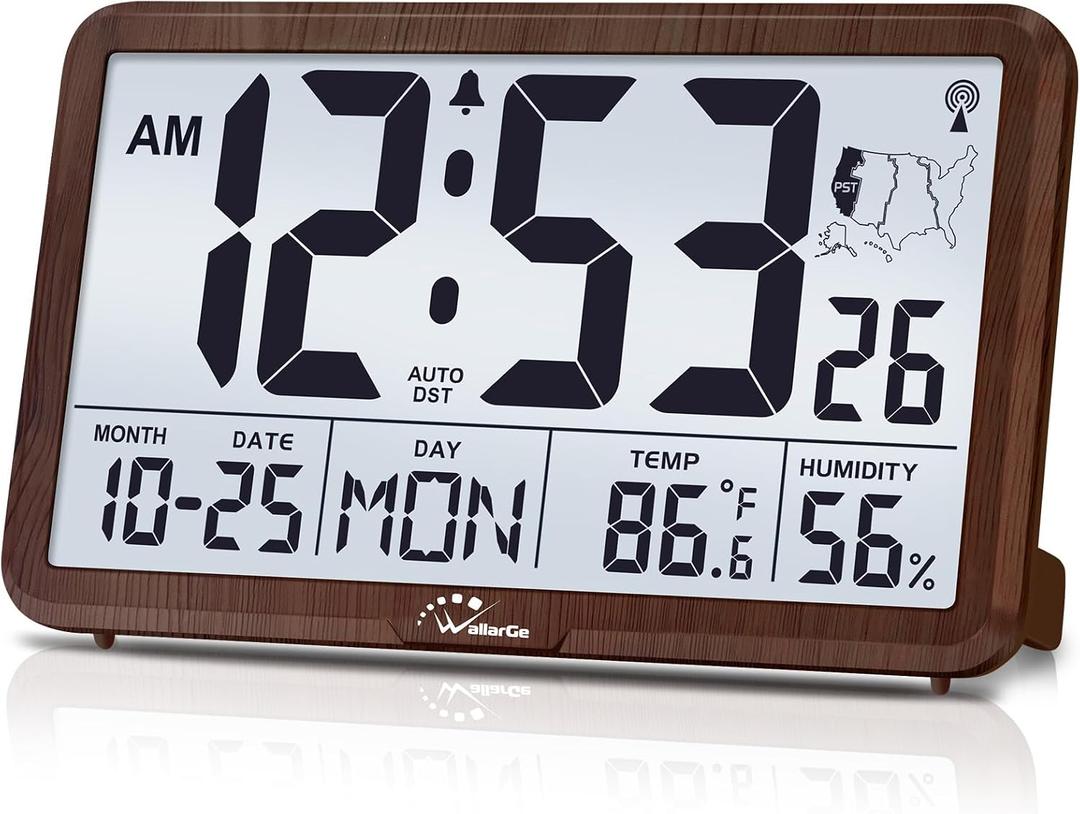 WallarGe Atomic Wall Clock with Backlight, Digital Wall Clock Battery Operated for Classroom, Bedroom, Office, Large Display with Indoor Temperature, Humidity, Date, AUTO DST, 6 Time Zones