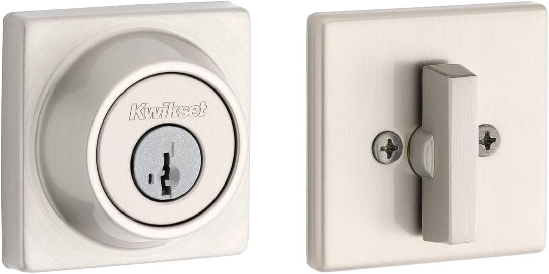 Kwikset 660 Series Square Front Door Lock Handle and Deadbolt Set, Entry Handleset Exterior with Interior Door Knob, Satin Nickel, Pick Resistant SmartKey Rekey Deadbolt Security
