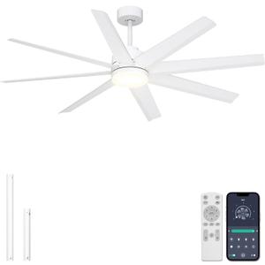 Ohniyou 60'' Ceiling Fan with Light - Modern White 8 Blades Ceiling Fan Remote&APP Control, Dimmable, DC Motor Outdoor Fan for Covered Patio, Living Room, Shop, Garage