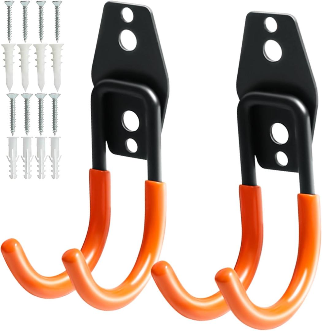 2 x KURUI Heavy Duty Garage Hooks for Hanging, 2 Pack Metal Garage Organization Hooks, Garage Storage Hooks for Ladder Extension Cord Cable, Wall Mount Small Utility Hooks, Garden Tool Organizer/Hanger