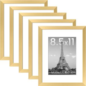 upsimples 8.5x11 Picture Frame Set of 5, Display Pictures 6x8 with Mat or 8.5 by 11 Without, Wall Gallery Photo Frames, Gold