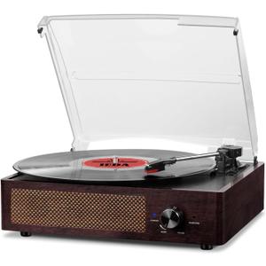 Vinyl Record Player Turntable with Built-in Bluetooth Receiver & 2 Stereo Speakers, 3 Speed 3 Size Portable Retro Record Player for Entertainment and Home Decoration (Brown)