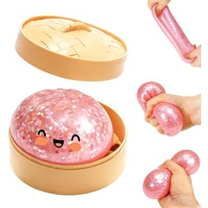 2026 New Glitter Dumpling Squishy Box, Stress Relief, Soft Squeeze Decompression Dough, Glitter Dumpling Squishy for Stress Relief (Transparent Pink)