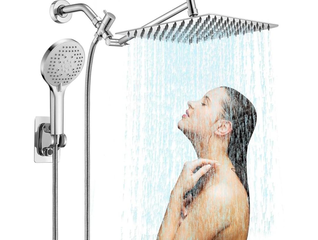 10 inch Rainfall Shower Head Combo Stainless Steel, THE FIRST WATERFALL mode, 10 Inch Rain Shower Head with Handheld 6 Spray Modes High Pressure, Overhead Shower Adjustable Extension Arm,Chrome