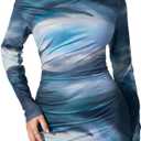 RoseSeek Women's Off Shoulder Ombre Tie Dye Bodycon Dress Long Sleeve Slim Fit Pencil Mini Dresses (Blue, S)