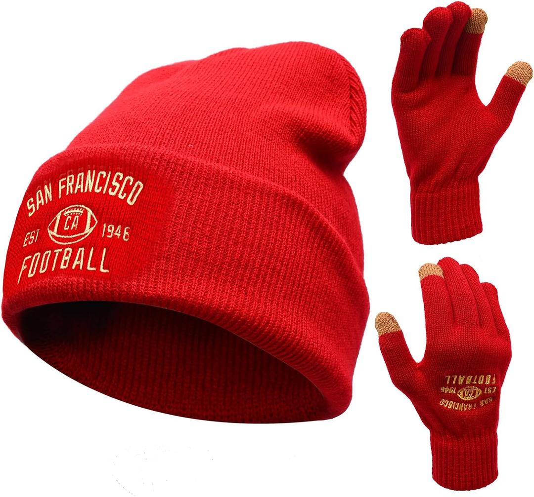 Vintage Classic Skull Cap Embroidery Beanie Fasion Hat Cuffed Winter Hat Knit Comes with Warm Gloves Gifts for Men Women Fans (San Francisco)