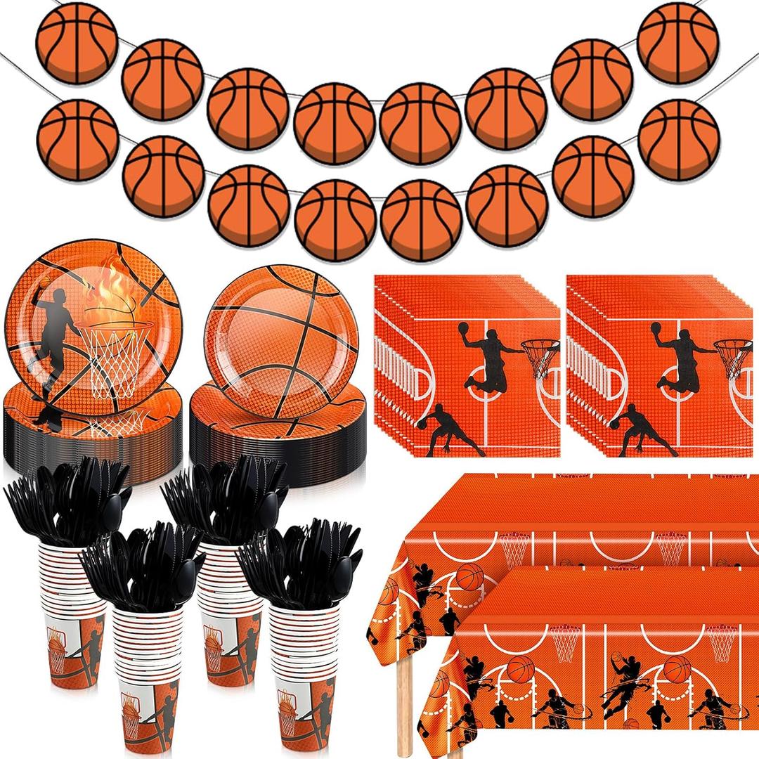 Domensi 214 Pcs Basketball Party Decorations, Basketball Paper Plates and Napkins, Cups, Tablecloths, Cutlery and Banner Disposable Tableware Set for Sports Birthday Party Supplies, Serves 30