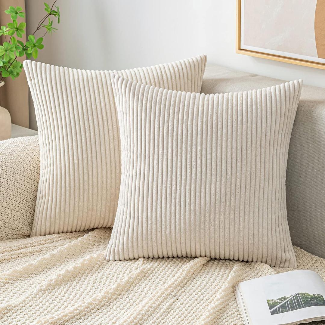 EMEMA Throw Pillow Covers Corduroy Decorative Soft Striped Square Cushion Covers Spring Pillowcases for Couch Sofa Bedroom Chair Car 16x16 Inch Pack of 2, Cream White