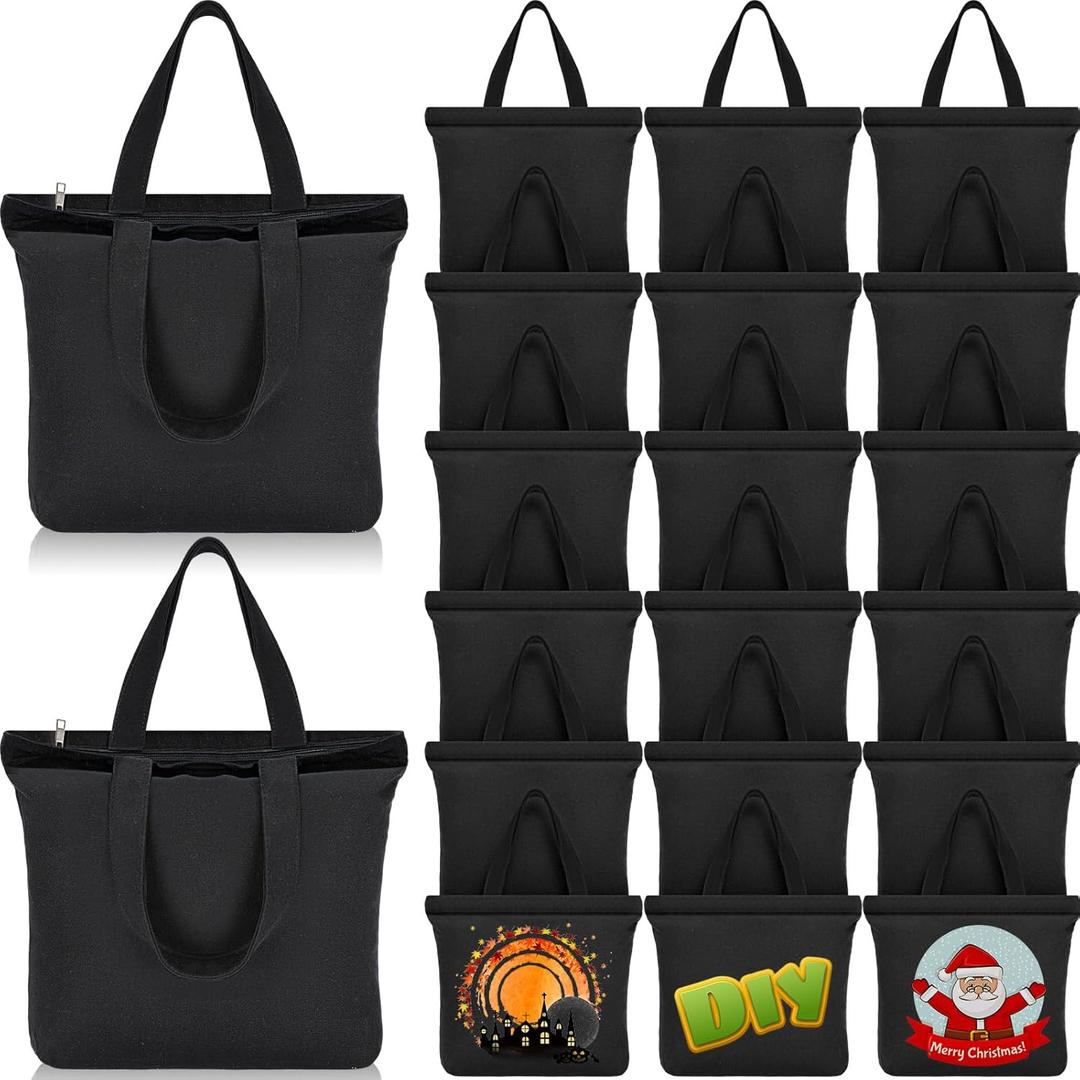 Silkfly 20 Pcs Canvas Tote Bags Bulk 16.5x13.4'' Blank Cotton Canvas Bag with Zipper Handles Reusable Plain Grocery Makeup Handbag for DIY(Black)
