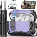 Compatible with AirPods Pro 2nd/1st Generation Case with Phone Stand,Full Drop Protection Automatic Snap Switch Design with Cleaner Kit for iPod Pro Charging (USB-C/Lightning Cable) (purple)