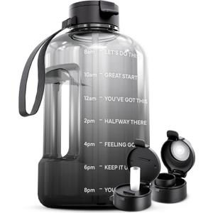 AQUAFIT 128 oz Water Bottle with Time Marker - Straw & Chug Lid - BPA Free 1 Gallon Gym Water Bottle with Handle - Big Gallon Jug (Midnight Gray, 128 Ounces)