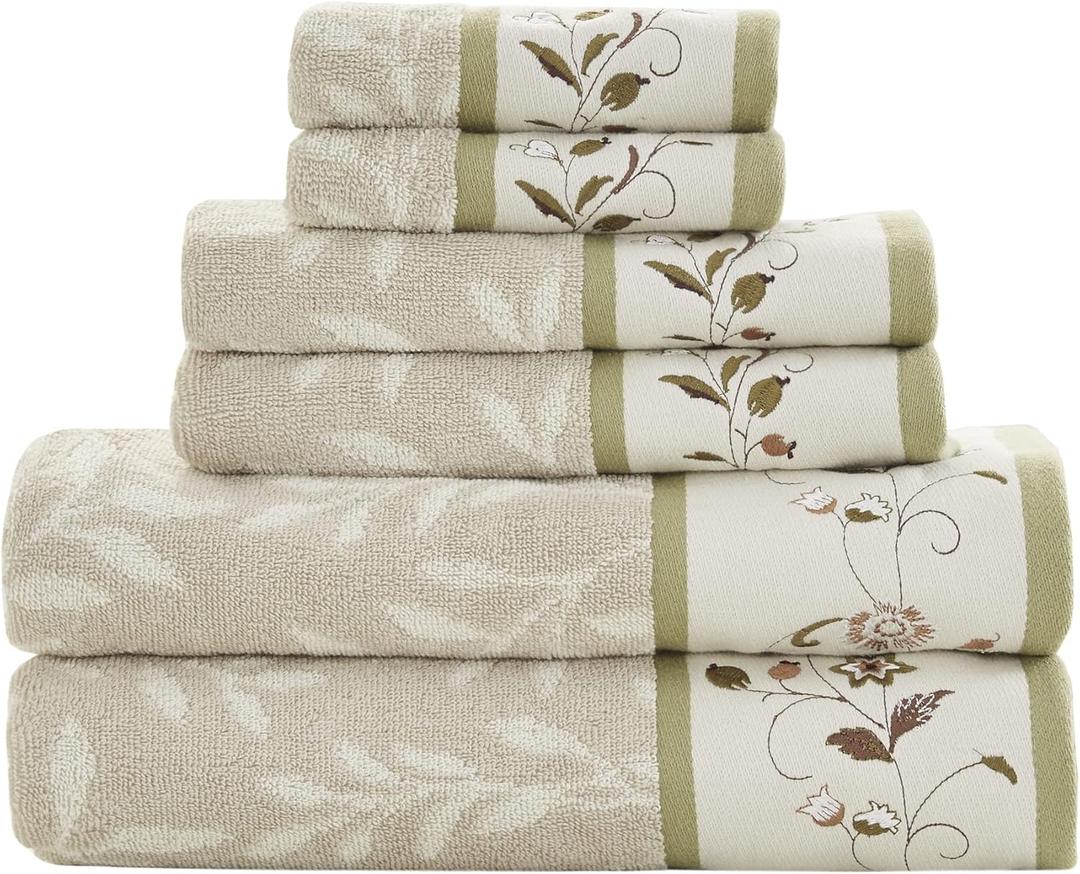 Madison Park Serene 100% Cotton Bath Towel Set Luxurious Floral Decorative Towels for Bathroom Embroidered Cotton Jacquard Design Soft Highly Absorbent for Shower 600 GSM, Multi-Sizes, Green 6 Piece