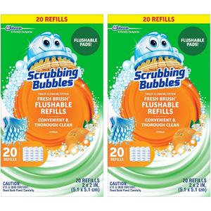 Scrubbing Bubbles Flushable Toilet Bowl Wand Cleaner Refills, Fresh Brush Cleaner Toilet Refill Pads, Removes Limescale & Odors, Citrus Scent, 20 Count (Pack of 2)