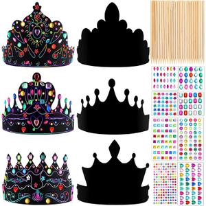 Yinder 80 Pcs Crafts Crowns Set DIY Scratch Paper Crowns with Rainbow Color Headband Hats Wooden Styluses Craft Elastic Bands Colorful Gem Jewels Stickers for Boys Girls Adults