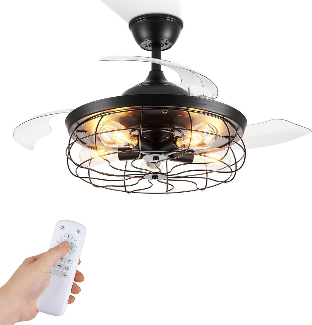 LEDIARY 42" Retractable Ceiling Fans with Lights, Farmhouse Industrial, Caged Fandelier Ceiling Fans with Remote, 6 Wind Speeds,Invisible Blades, Black 