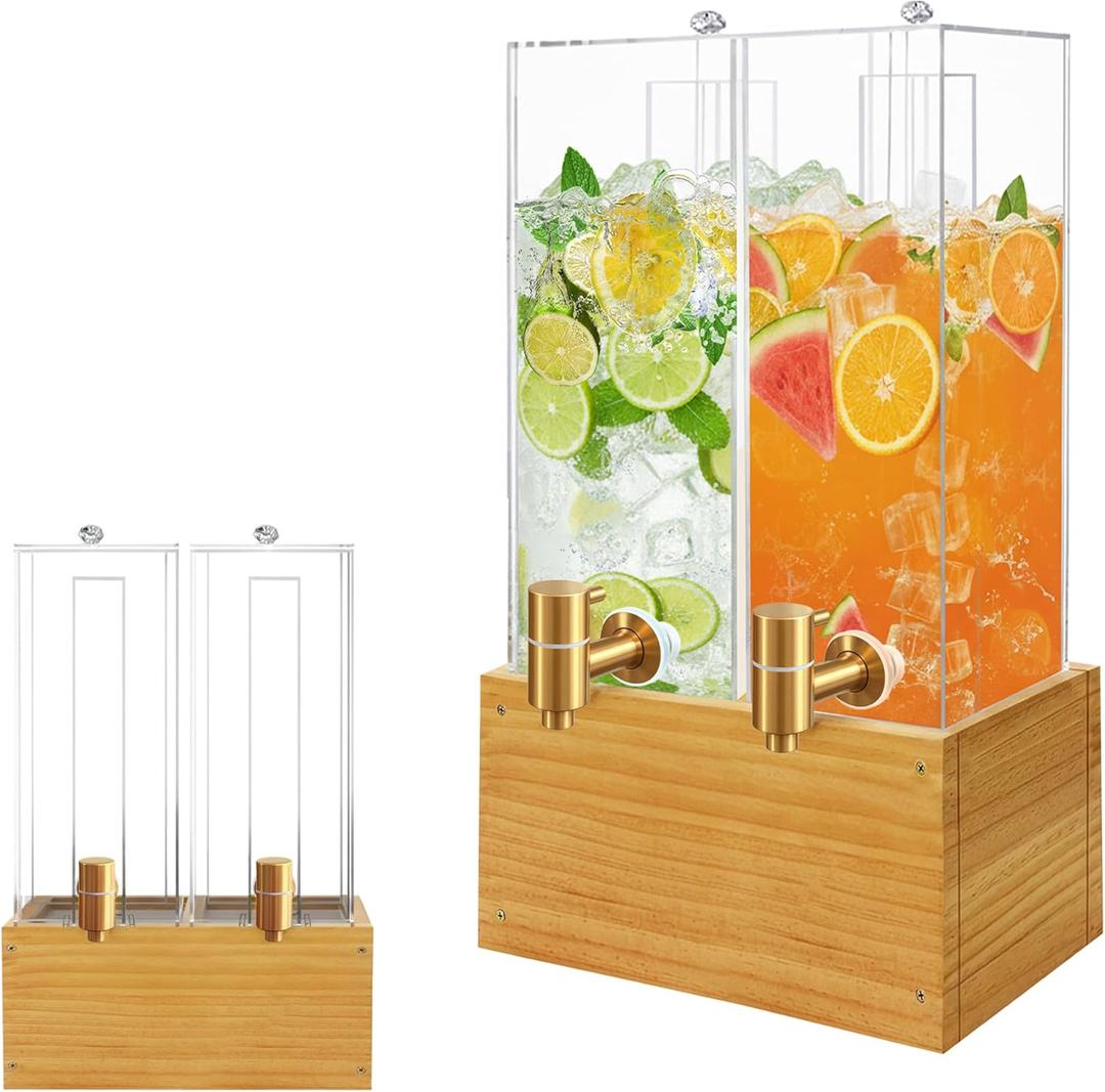 Beverage Dispenser with Stand 2 Gallon, 2 Pack Drink Dispenser with Ice Core, Beverage Containers with Wood Stand for Juice/Tea/Soda/Water, Drink Dispensers for Parties