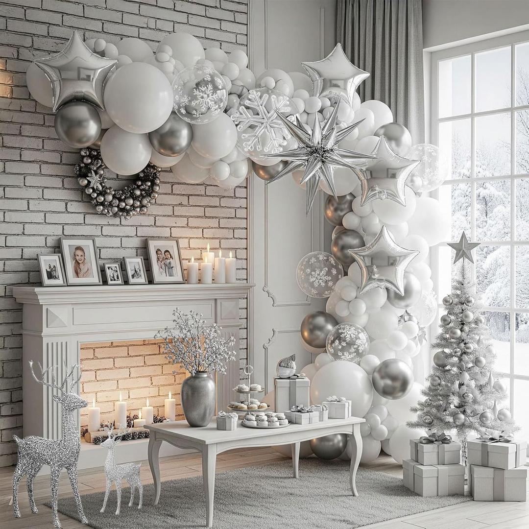 Winter Wonderland decorations with Pearl White Silver Balloon Garland Arch & Foil Star balloons Artificial Snowflakes for onederland 1st birthday white Christmas new year party decorations