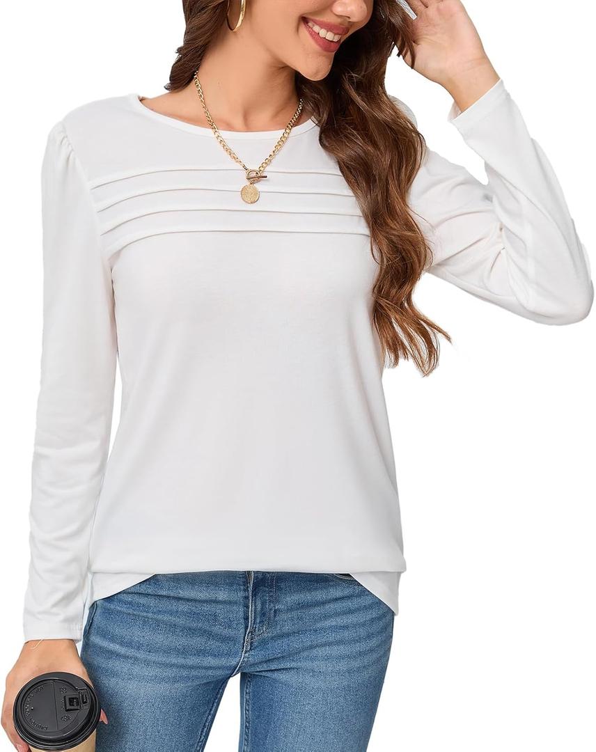 Long Sleeve Shirts for Women 2024 Fall Dressy Casual Blouses Pleated Scooped Neck Tunic Tops (White, XL)