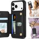 TUCCH Card Case Wallet for iPhone 17 Pro Max (6.9") 2025, RFID Blocking 3 Card Slots | Crossbody Lanyard Strap | Clear ID Window | Undetachable | Magnetic PU Leather Shockproof Phone Cover | Black
