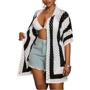 Floerns Women's Plus Size Hollow Out Lightweight Cardigan 3/4 Sleeve Knit Open Front Striped Sweaters (Black, XL)