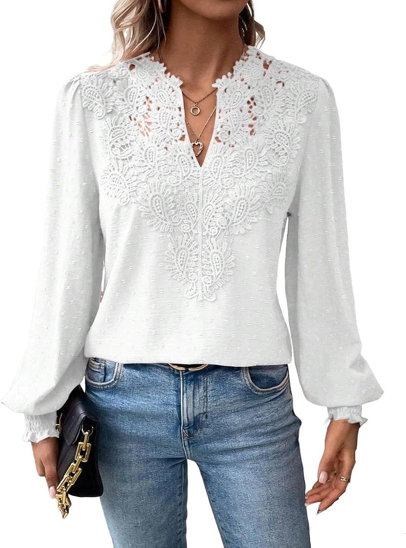 Womens Dressy Lace Blouse V Neck Ruffle Long Sleeve T Shirt 2026 Fashion Clothes Lace Crochet Casual Boho Tees Tops (Large, White)