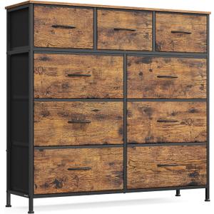 SONGMICS Dresser for Bedroom, Chest of Drawers, Steel, MDF, 9 Non-Woven Fabric Drawers, Storage Organizer Unit, Closet, Entryway, Rustic Brown and Ink Black ULGS324B02S