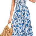 BROVAVE Women Summer Floral Dress: Casual Square Neck Flowy Boho Beach Midi Sundress Sleeveless Tie Shoulder Vacation Daily (Blue, L)