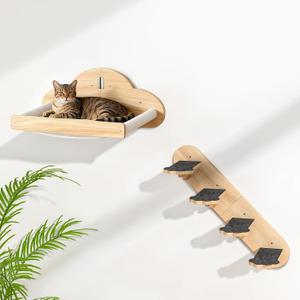 Wall Mounted Cat Hammock with 4 Climbing Steps,Pine Wood Cat Climbing Shelves & Perches up to 30lbs,Kitty Wall Shelf Furniture for Indoor Sleeping, Lounging,Climbing and Playing