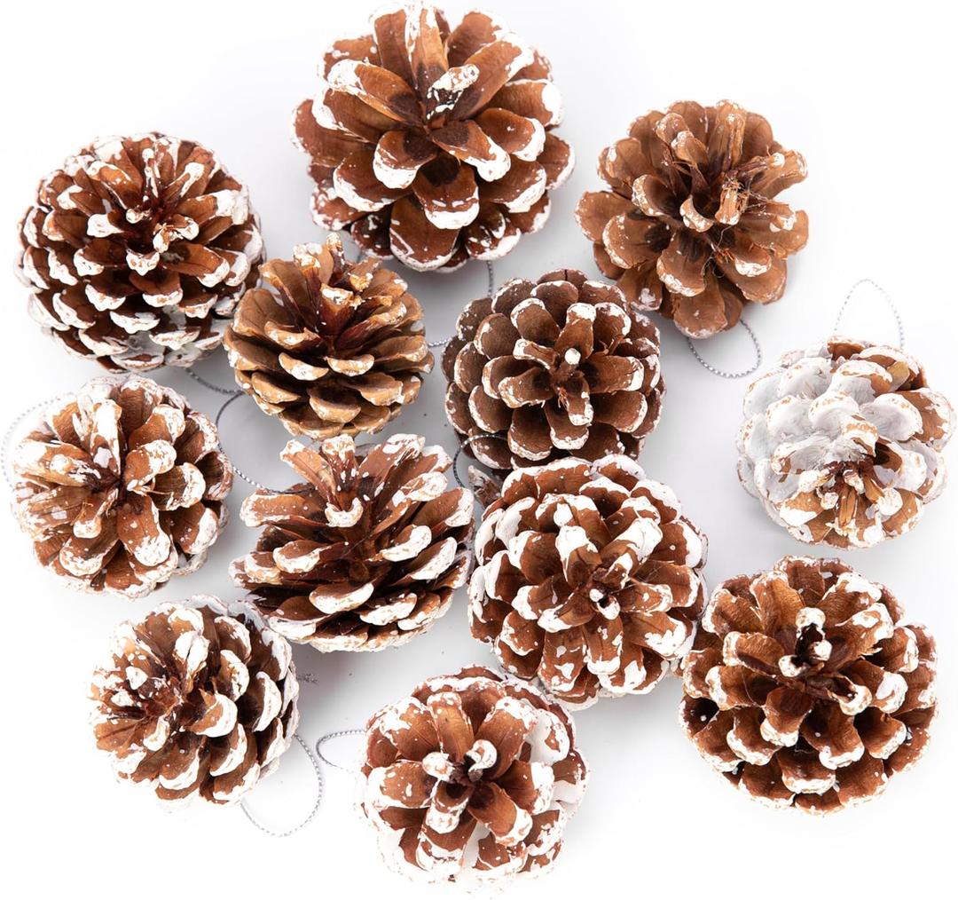 12 Pcs Big Size Snow Natural Pine Cones with Strings, 2-3.5 Rustic Pinecones Bulk Christmas Hanging Ornaments for Xmas Tree Decoration, DIY Crafts, Holiday, Wedding, Party