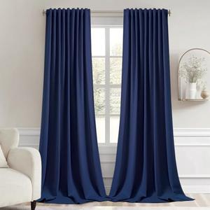 MIULEE Navy Blue Back Tab Blackout Curtain 96 Inch Long 2 Panels Set for Bedroom, Rod Pocket/Pinch Pleat Thermal Insulated Living Room Darkening Pleated Light Blocking Floor to Ceiling Drape