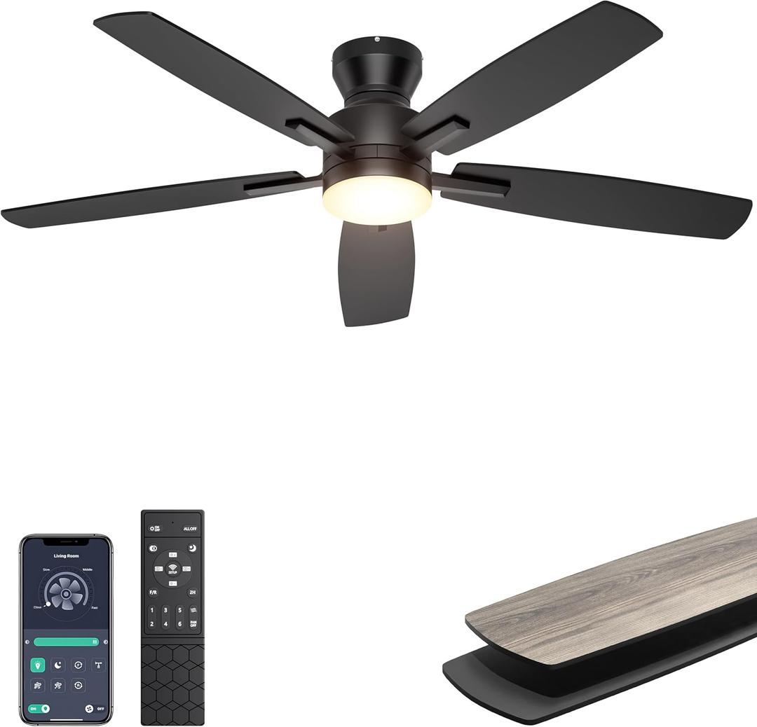 Ohniyou Ceiling Fans with Lights, 52'' Low Profile Ceiling Fan with Light and Remote/APP Control, Modern Flush Mount Ceiling Fan for Indoor Bedroom Living Room, Dimmable, Qiuet DC Motor, Black